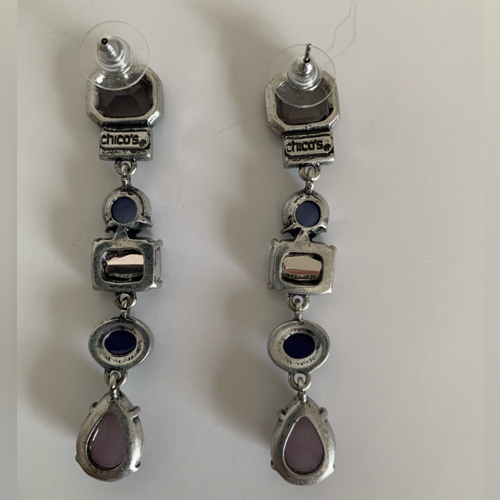 Chico's Earrings Dangle Silver Blue Jeweled Tones Clear Rhinestone - Picture 5 of 7
